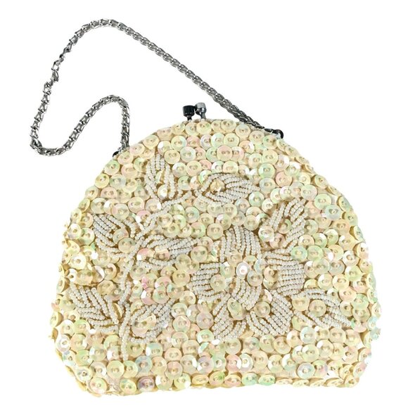 Flapper Beaded Sequined Evening Bag Kiss Clasp VTG Purse Silver Chain Strap - Picture 1 of 12